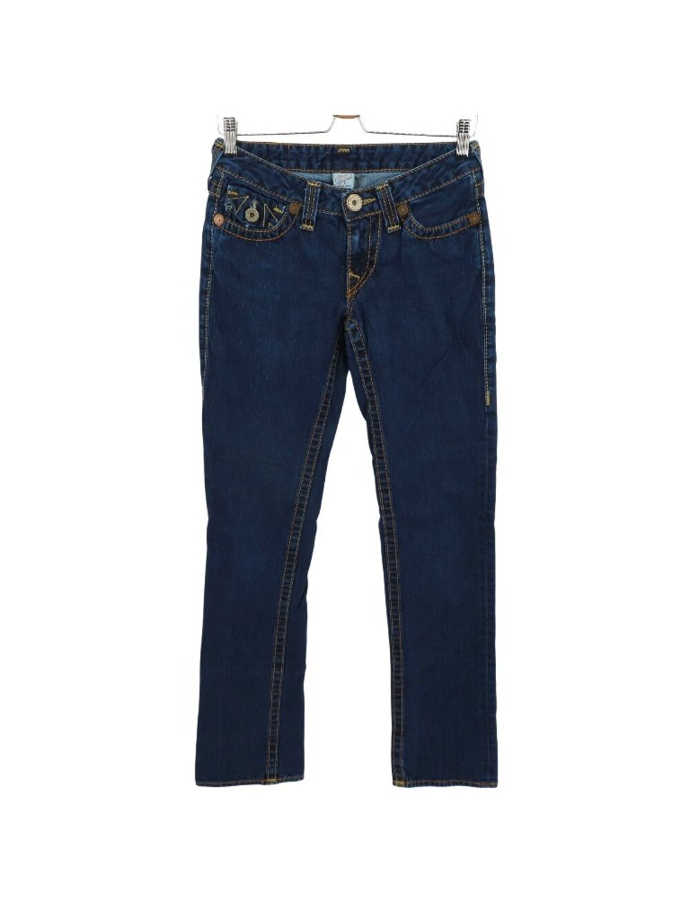 True Religion Womens 28 Dark Wash Blue Denim Jeans Straight Leg Gold Seams